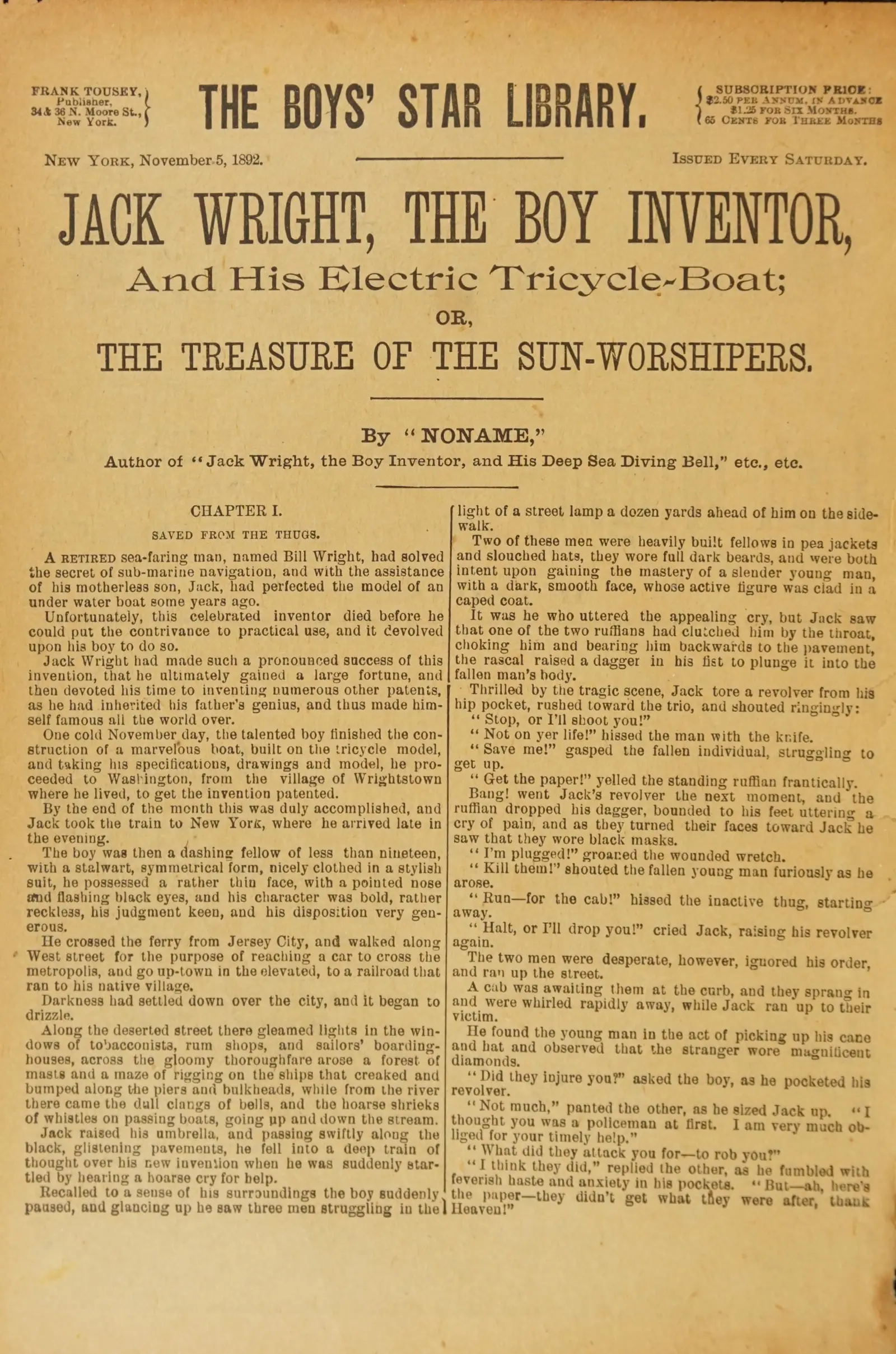 Jack Wright, the boy inventor, and his electric tricycle-boat, or, The treasure of the sun-worshipers (no. 281)