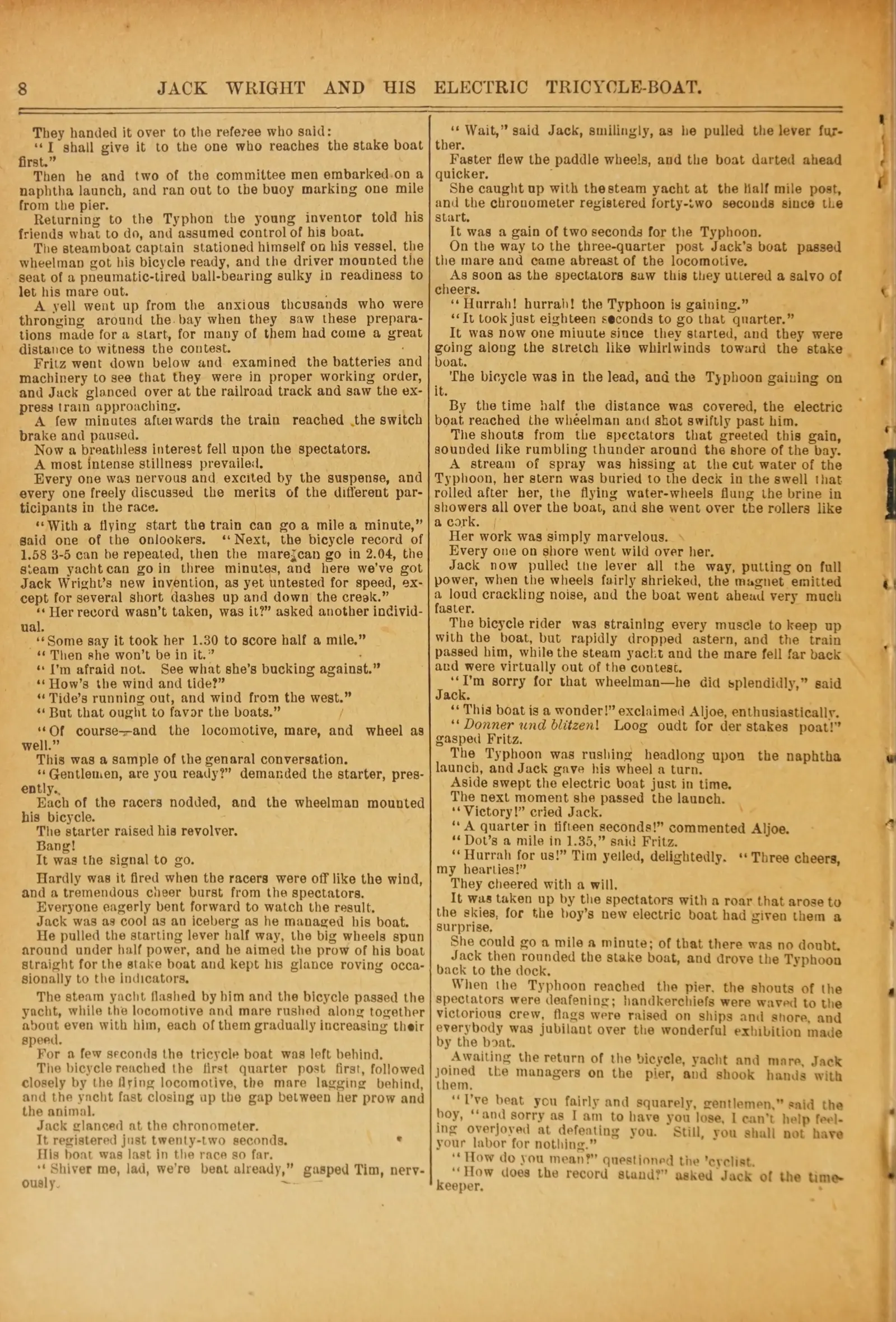Jack Wright, the boy inventor, and his electric tricycle-boat, or, The treasure of the sun-worshipers (no. 281)