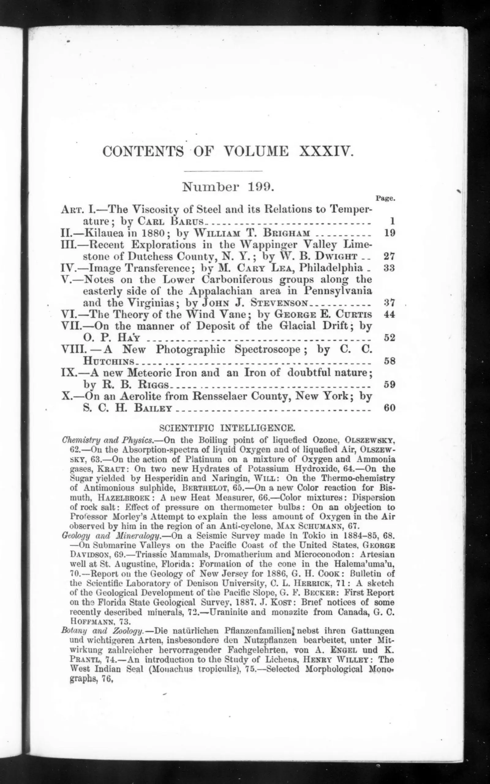 The American Journal of Science  1887: Vol 34 Table of Contents (34)