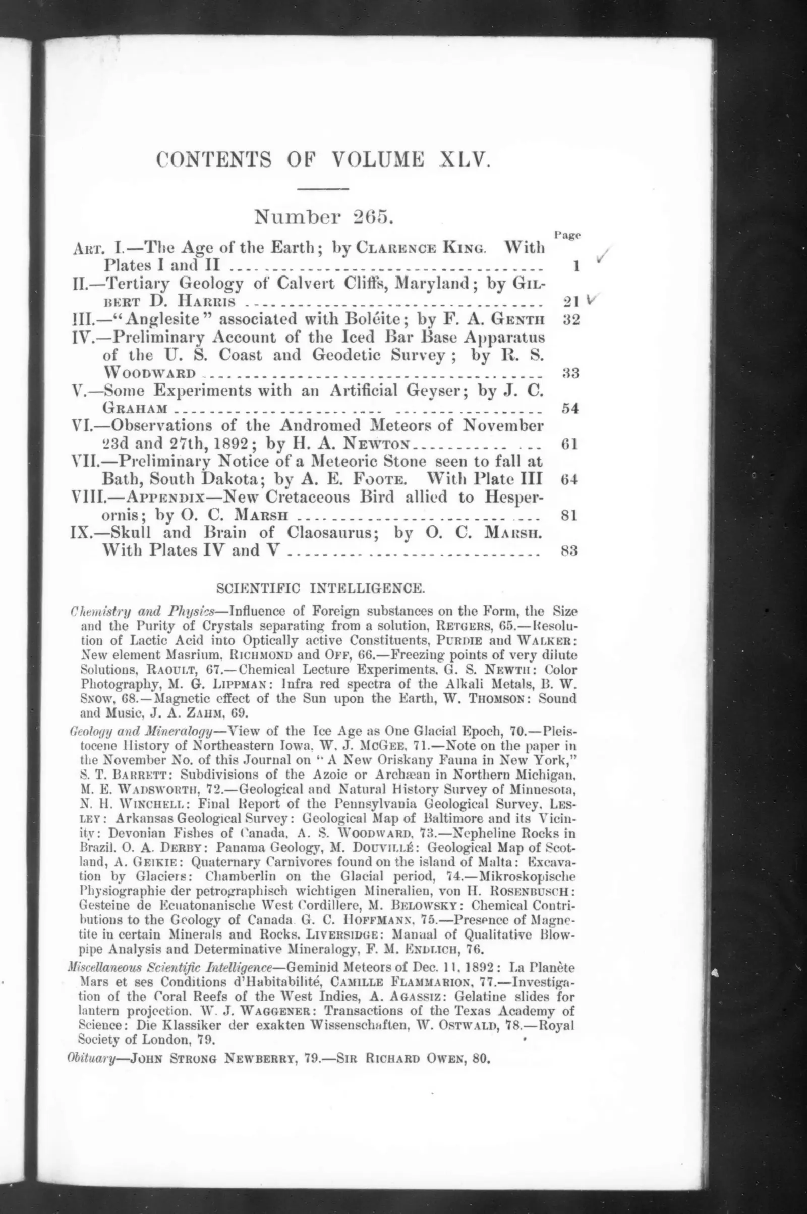 The American Journal of Science  1893: Vol 45 Table of Contents (45)